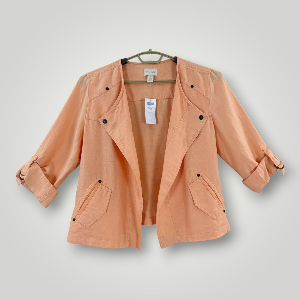 NEW Chicos Jacket Womens L Orange Easy Linen Drape‎ Front Roll Tab Sleeves Open